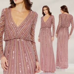 Mac Duggal 10 Sequin, Long Sleeve, V-Neck Gown | Rosewood Pink, Blush 93647 NWT